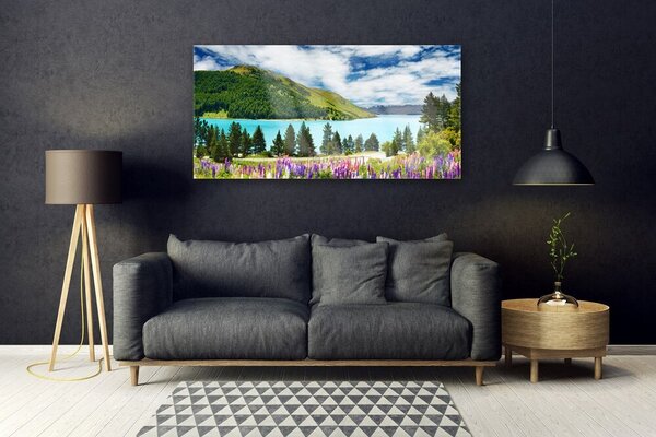 Tablou pe sticla Mountain Forest Meadow Lake Peisaj Verde Albastru Violet Roz