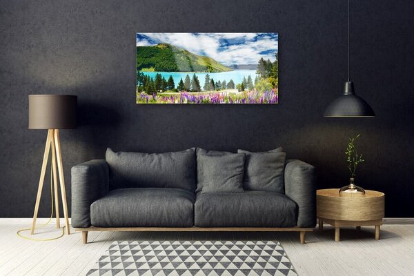 Tablou pe sticla Mountain Forest Meadow Lake Peisaj Verde Albastru Violet Roz