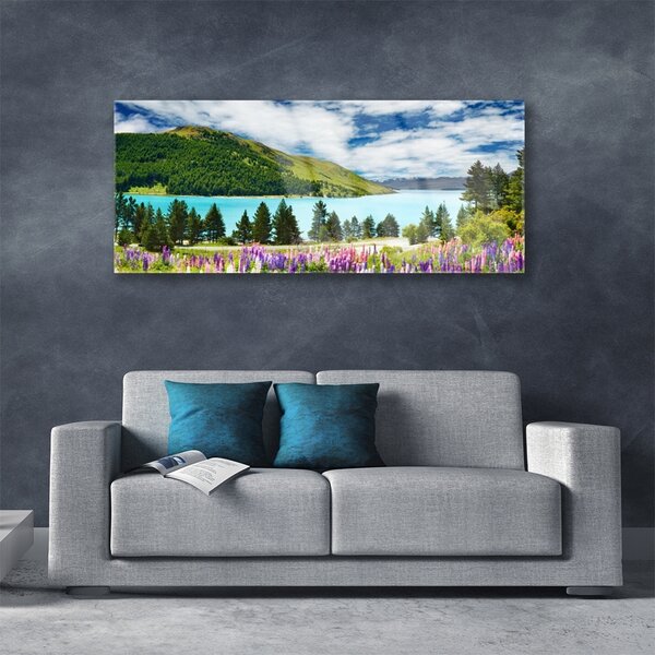 Tablou pe sticla Mountain Forest Meadow Lake Peisaj Verde Albastru Violet Roz
