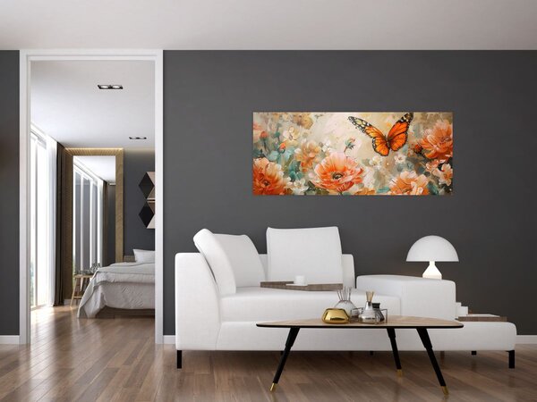 Tablou - Fluture și flori, pictură în ulei (120x50 cm)