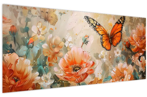 Tablou - Fluture și flori, pictură în ulei (120x50 cm)