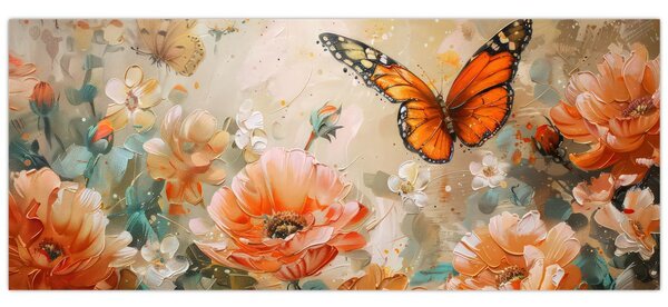 Tablou - Fluture și flori, pictură în ulei (120x50 cm)