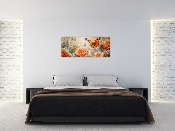 Tablou - Fluture și flori, pictură în ulei (120x50 cm)