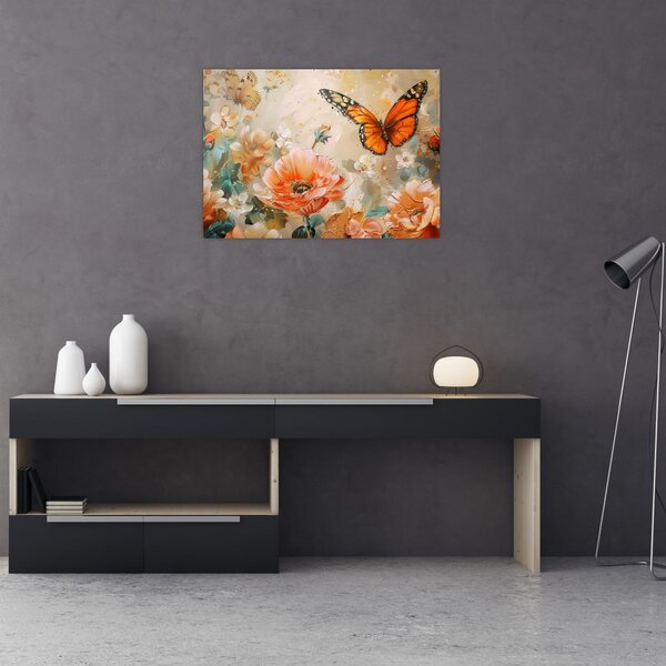 Tablou - Fluture și flori, pictură în ulei (70x50 cm)