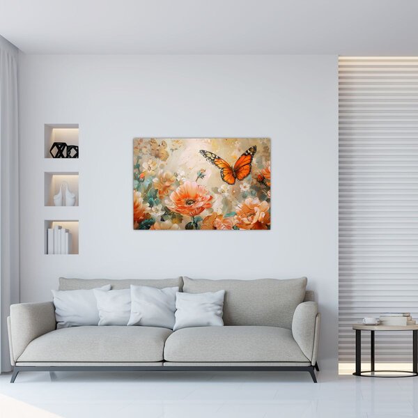 Tablou - Fluture și flori, pictură în ulei (90x60 cm)