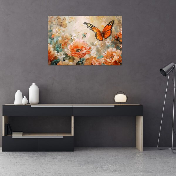 Tablou - Fluture și flori, pictură în ulei (90x60 cm)