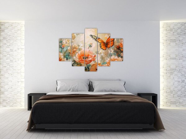 Tablou - Fluture și flori, pictură în ulei (150x105 cm)