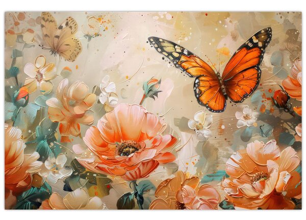 Tablou - Fluture și flori, pictură în ulei (90x60 cm)