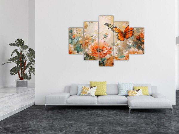Tablou - Fluture și flori, pictură în ulei (150x105 cm)