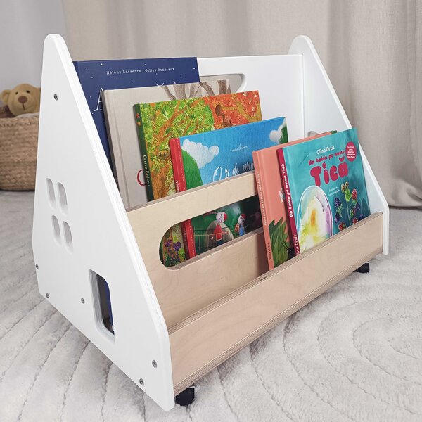 Bibliotecă Montessori cu roți, în formă de căsuță BOOKY
