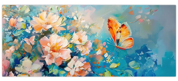 Tablou - Fluture și flori, pictură în ulei II. (120x50 cm)