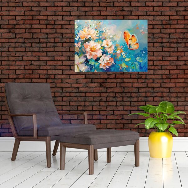 Tablou - Fluture și flori, pictură în ulei II. (70x50 cm)