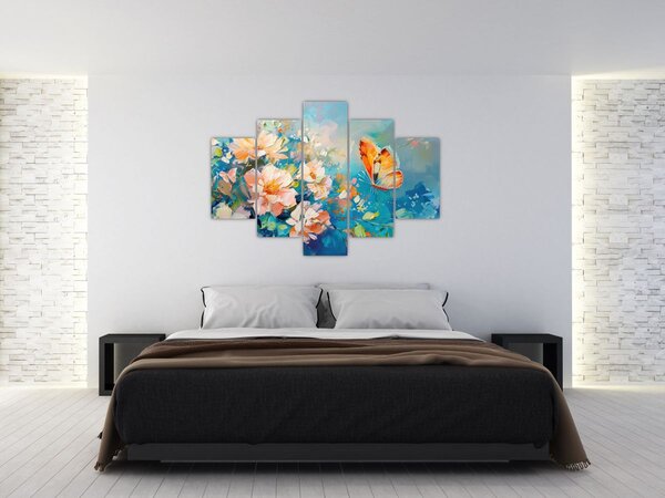 Tablou - Fluture și flori, pictură în ulei II. (150x105 cm)