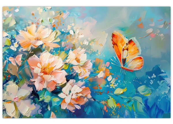 Tablou - Fluture și flori, pictură în ulei II. (90x60 cm)