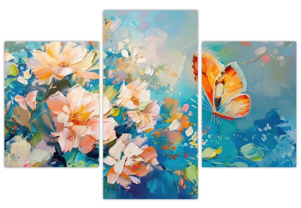 Tablou - Fluture și flori, pictură în ulei II. (90x60 cm)