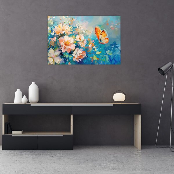 Tablou - Fluture și flori, pictură în ulei II. (90x60 cm)