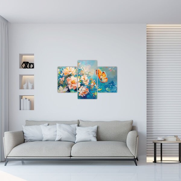 Tablou - Fluture și flori, pictură în ulei II. (90x60 cm)
