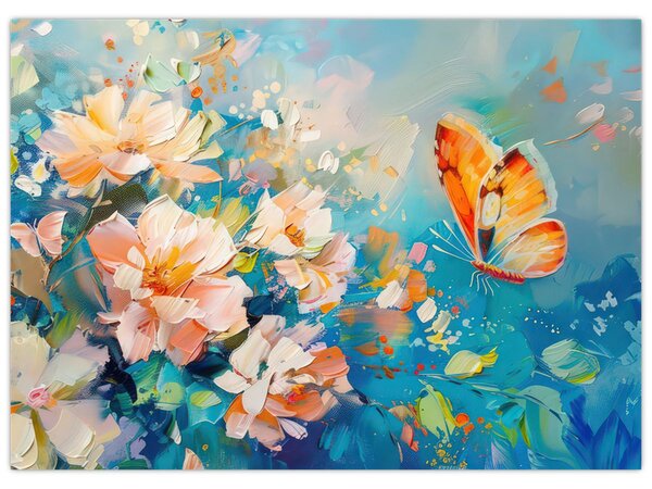 Tablou - Fluture și flori, pictură în ulei II. (70x50 cm)