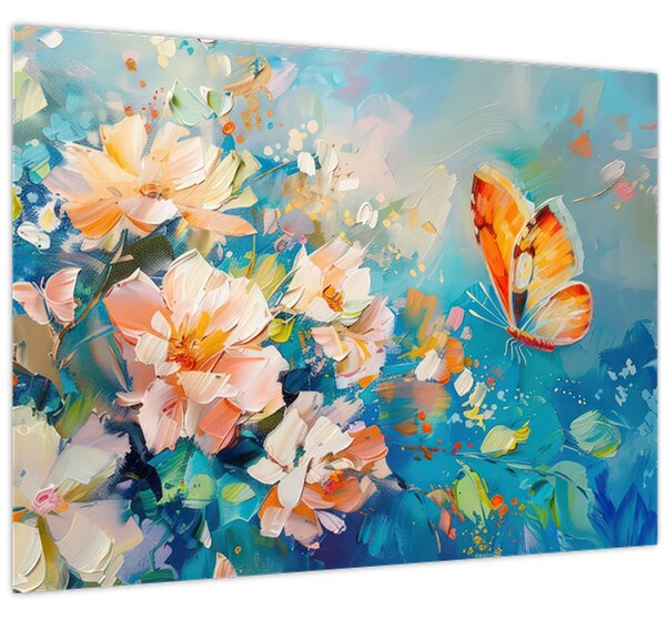 Tablou - Fluture și flori, pictură în ulei II. (70x50 cm)