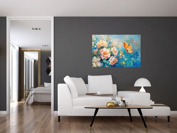 Tablou - Fluture și flori, pictură în ulei II. (90x60 cm)