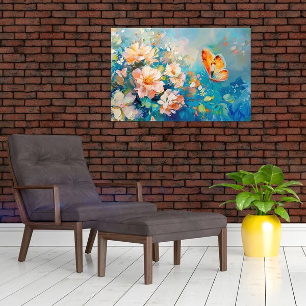 Tablou - Fluture și flori, pictură în ulei II. (90x60 cm)