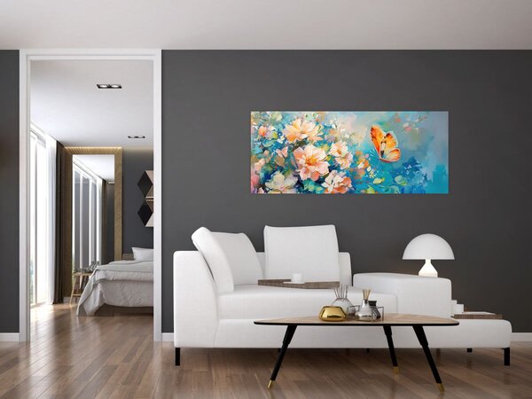 Tablou - Fluture și flori, pictură în ulei II. (120x50 cm)
