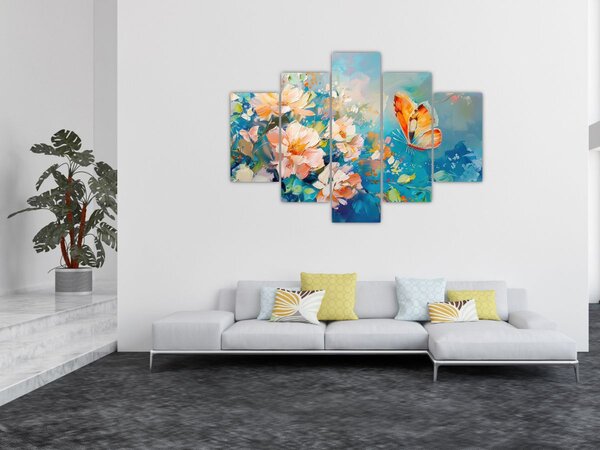 Tablou - Fluture și flori, pictură în ulei II. (150x105 cm)