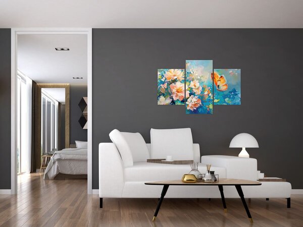 Tablou - Fluture și flori, pictură în ulei II. (90x60 cm)