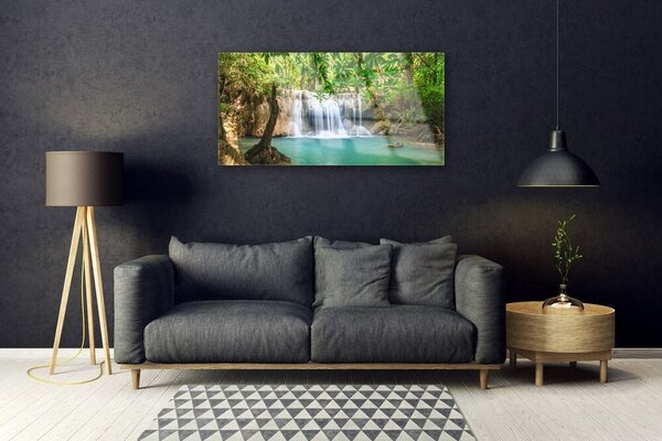Tablouri acrilice Cascada Lacul Natural Pădurea Verde Maro Albastru Alb
