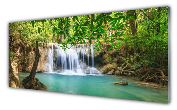 Panou sticla bucatarie Cascada Lacul Natural Pădurea Verde Maro Albastru Alb