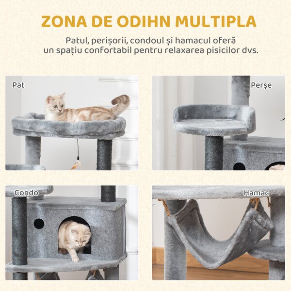 PawHut Arbore Răzuitoare pentru Pisici 48x48x107 cm Turn pentru Pisici cu Cavernă de Fetru Demontabilă Hamacă Paturi Platforme Gri | Aosom Romania