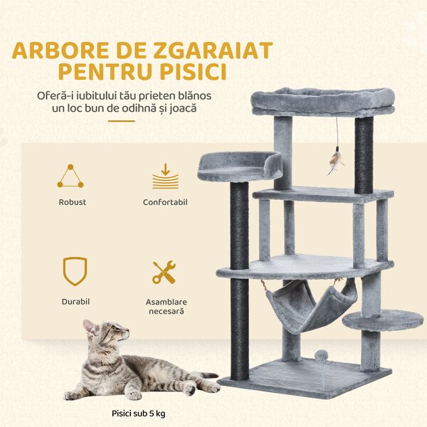 PawHut Arbore Răzuitoare pentru Pisici 48x48x107 cm Turn pentru Pisici cu Cavernă de Fetru Demontabilă Hamacă Paturi Platforme Gri | Aosom Romania