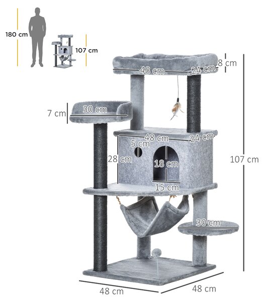 PawHut Arbore Răzuitoare pentru Pisici 48x48x107 cm Turn pentru Pisici cu Cavernă de Fetru Demontabilă Hamacă Paturi Platforme Gri | Aosom Romania