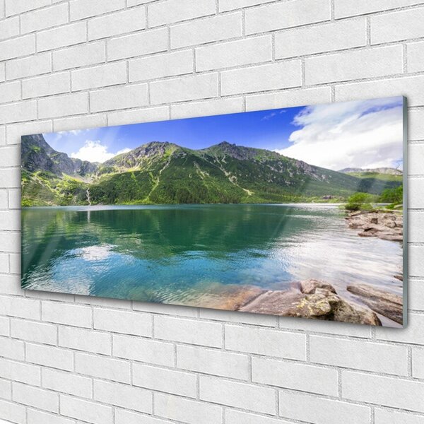 Tablou pe sticla Mountain Lake Peisaj Gri Verde Albastru