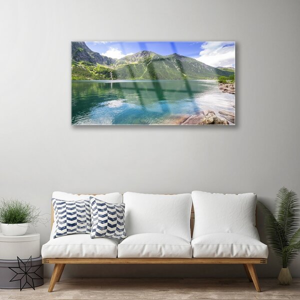 Tablou pe sticla Mountain Lake Peisaj Gri Verde Albastru