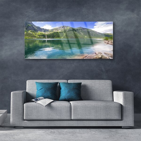 Tablou pe sticla Mountain Lake Peisaj Gri Verde Albastru