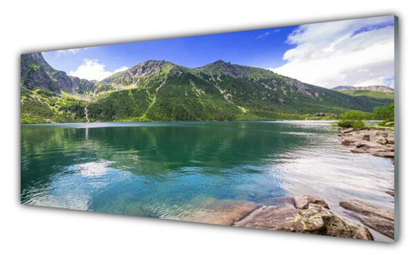 Tablou pe sticla Mountain Lake Peisaj Gri Verde Albastru