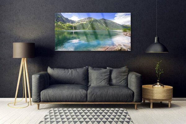 Tablou pe sticla Mountain Lake Peisaj Gri Verde Albastru