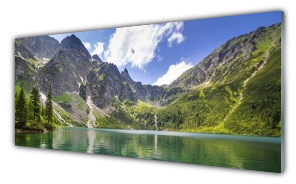Tablou pe sticla Mountain Lake Peisaj Gri Verde Albastru
