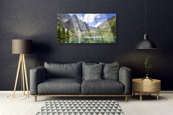 Tablou pe sticla Mountain Lake Peisaj Gri Verde Albastru