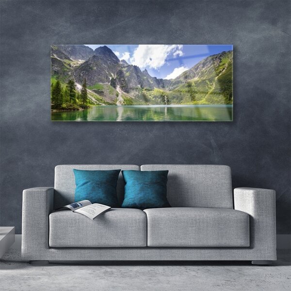 Tablou pe sticla Mountain Lake Peisaj Gri Verde Albastru