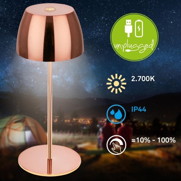 Briloner - Lampă de masă LED MINI, reîncărcabilă, dimabilă, cu comutare tactilă, pentru exterior LED/2,5W/5V IP44 1800 mAh, finisaj cupru