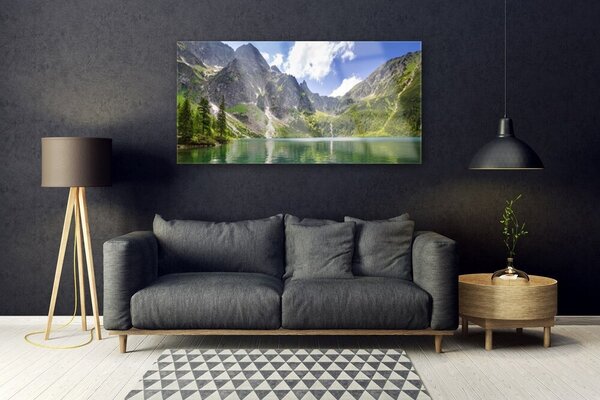 Tablou pe sticla Mountain Lake Peisaj Gri Verde Albastru