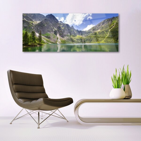 Tablou pe sticla Mountain Lake Peisaj Gri Verde Albastru