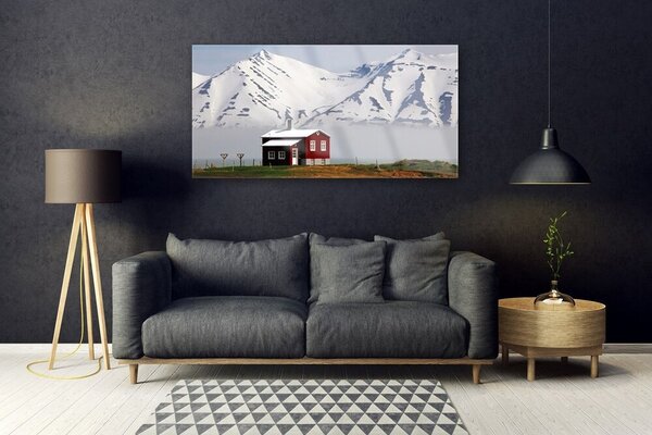 Tablou pe sticla Mountain House Peisaj Alb Gri Maro Verde