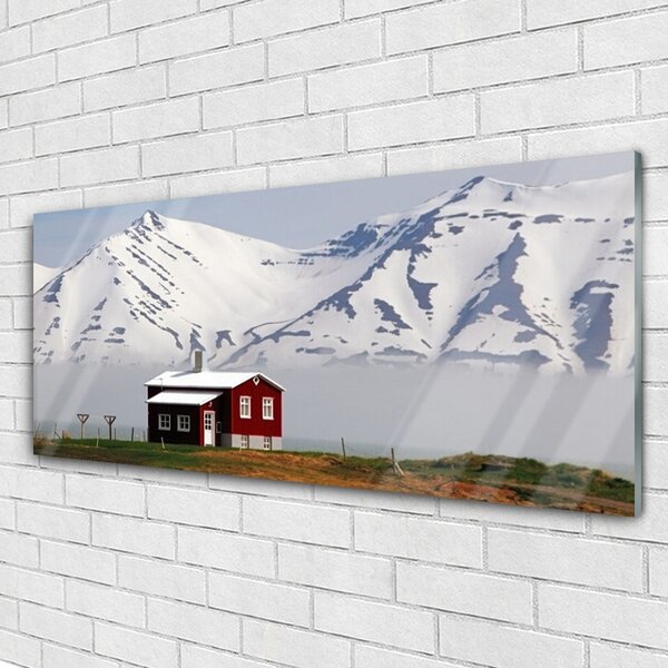 Tablou pe sticla Mountain House Peisaj Alb Gri Maro Verde
