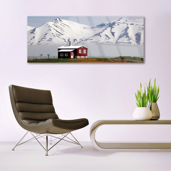 Tablou pe sticla Mountain House Peisaj Alb Gri Maro Verde