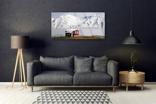 Tablou pe sticla Mountain House Peisaj Alb Gri Maro Verde