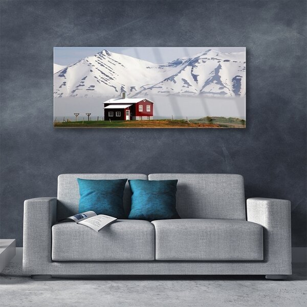 Tablou pe sticla Mountain House Peisaj Alb Gri Maro Verde