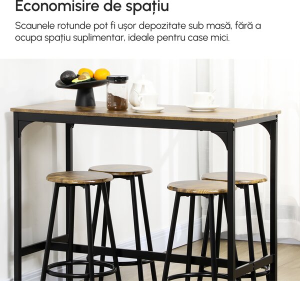 HOMCOM Scaune bar si Masa Bar, 5 piese, cu 4 Scaune Rotunde, Economie de Spațiu, Design Rustic Maro, pentru Bucătărie | Aosom Romania